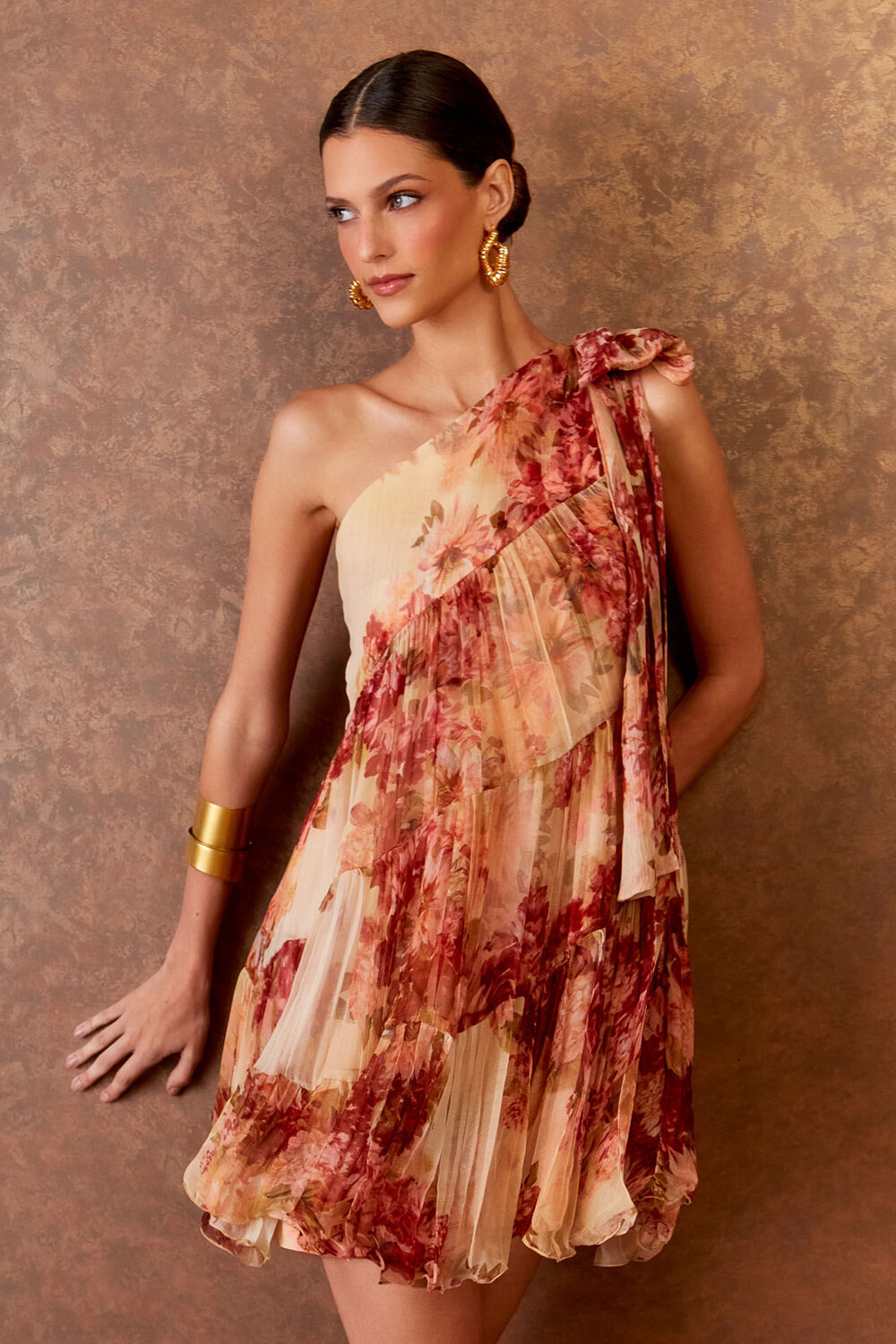 One Shoulder Floral Print Pleated Mini Dresses-Yellow [Pre Order]