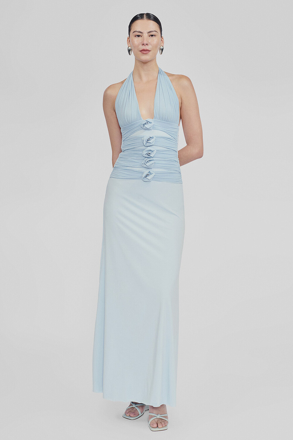 Halter Neck 3D Flower Ruched Slim Fit Maxi Dresses-Blue [Pre Order]