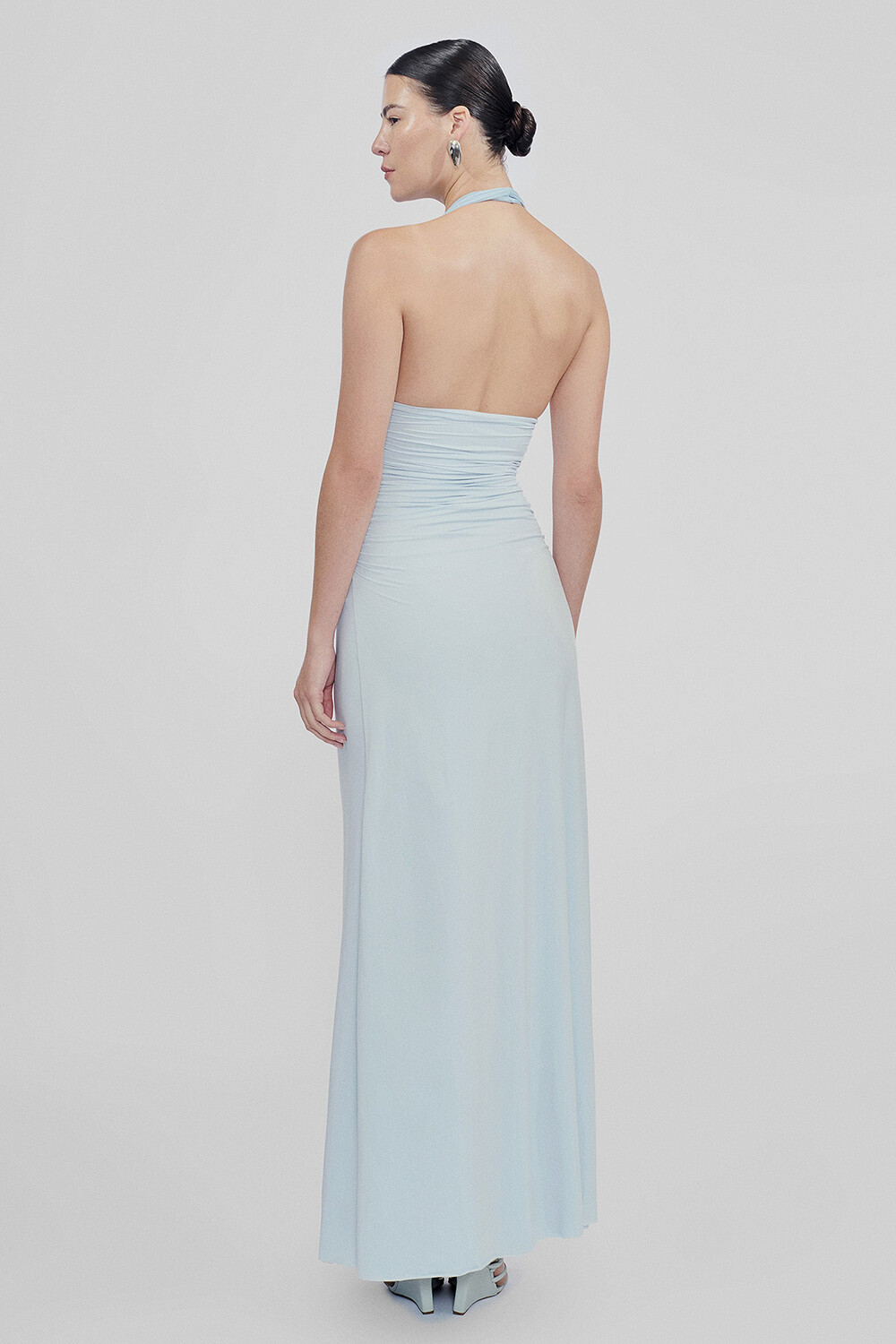 Halter Neck 3D Flower Ruched Slim Fit Maxi Dresses-Blue [Pre Order]