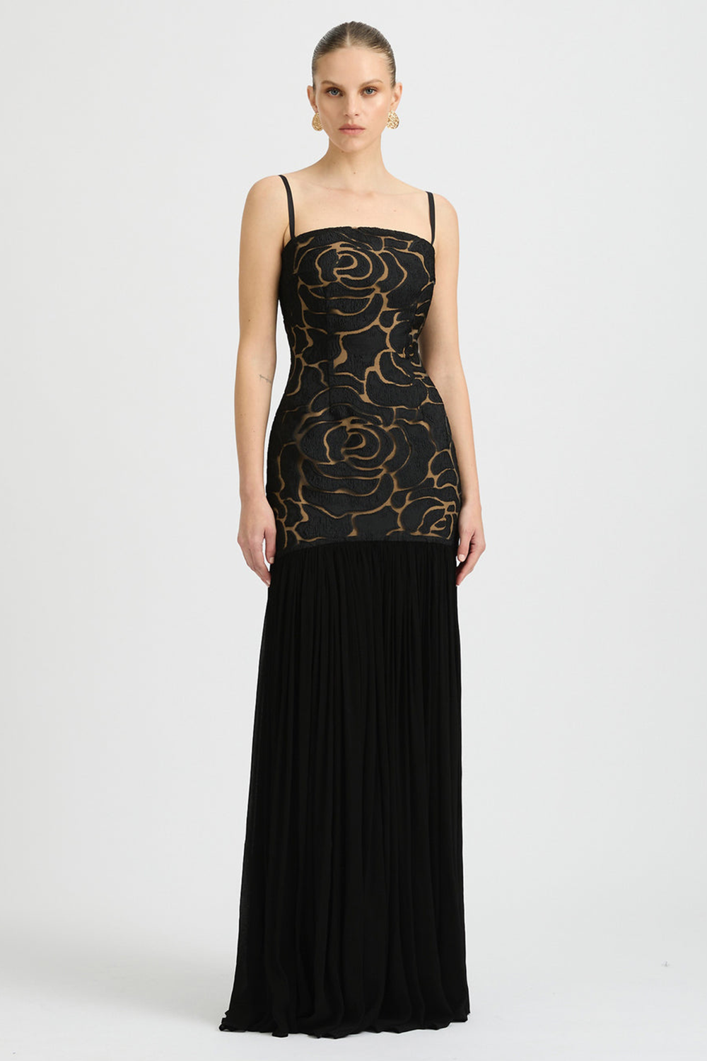 Floral Pattern Boat Neck Semi-Fitted Slip Maxi Dresses-Black [Pre Order]