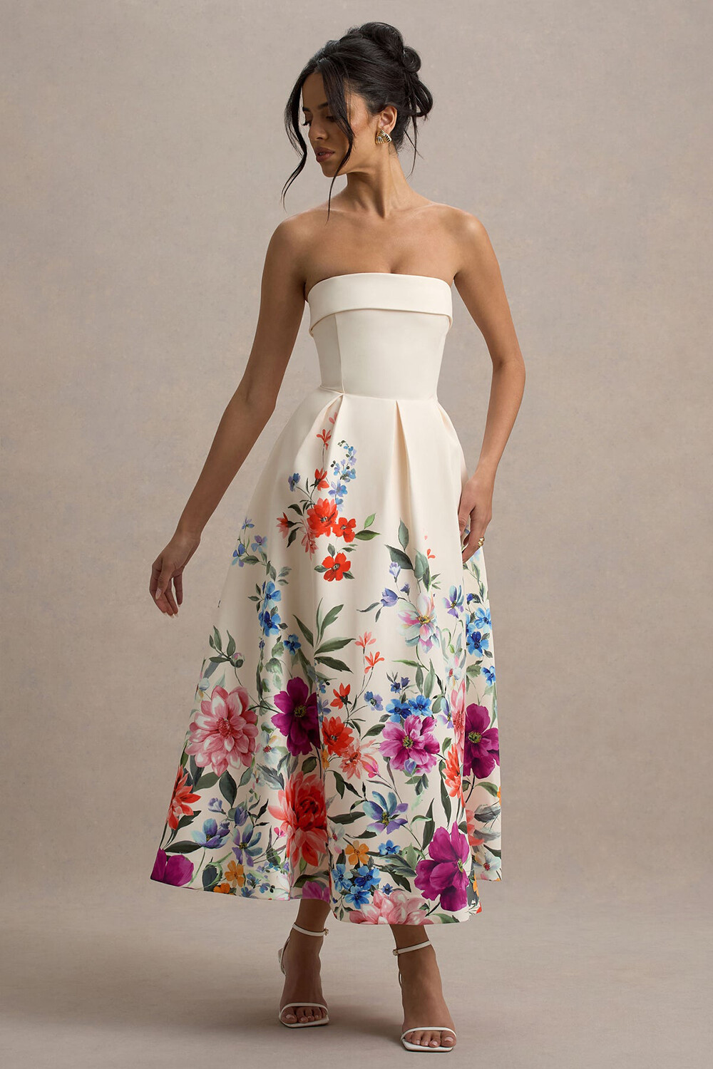 Floral Print Boat Neck Strapless A-Line Midi Dresses-Beige [Pre Order]