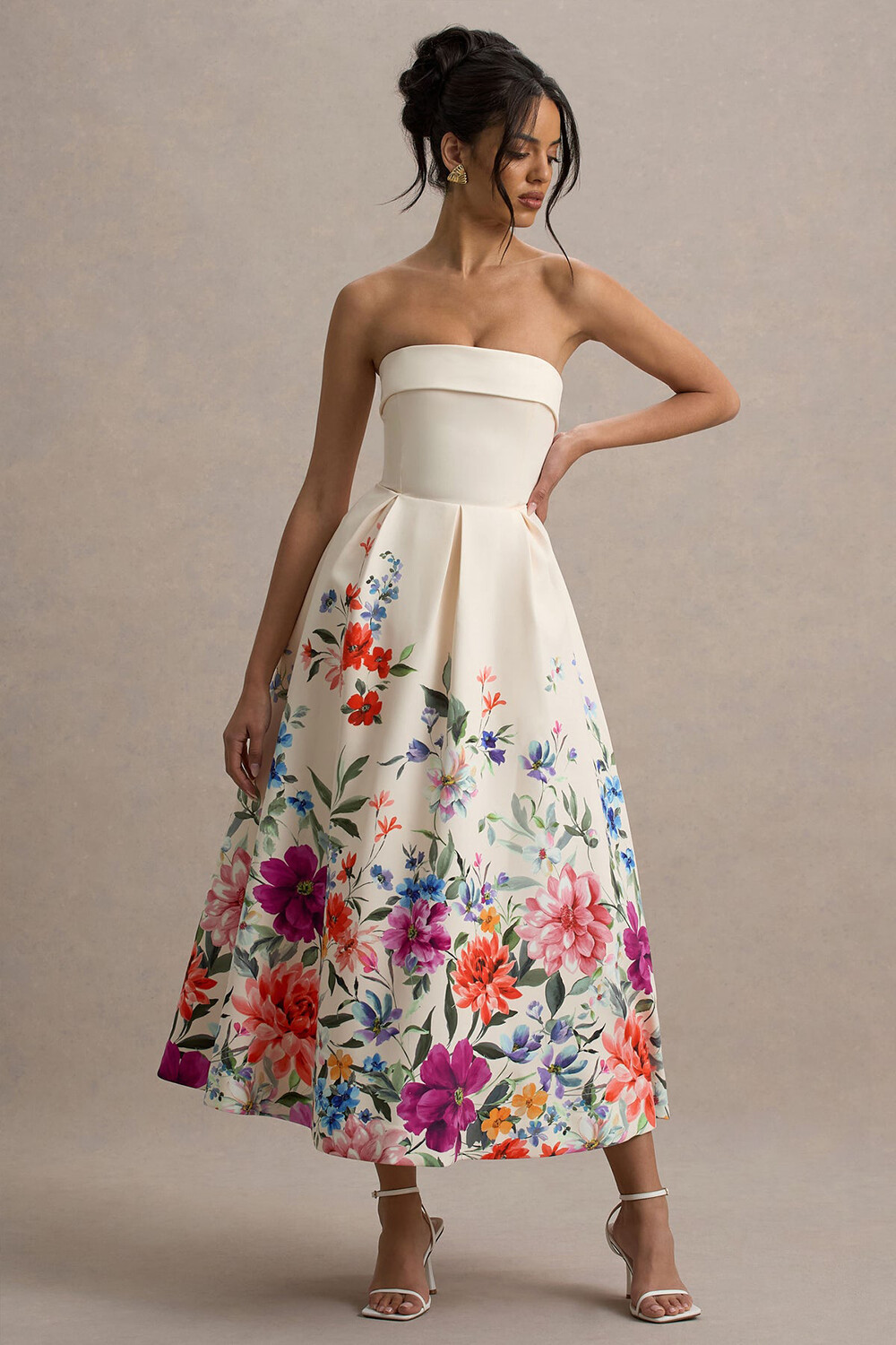 Floral Print Boat Neck Strapless A-Line Midi Dresses-Beige [Pre Order]
