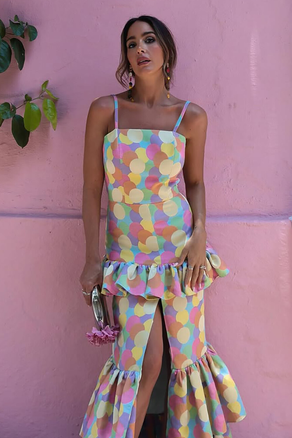 Multicolor Polka Dot Print Ruffled Slit Slip Maxi Dresses-Yellow [Pre Order]
