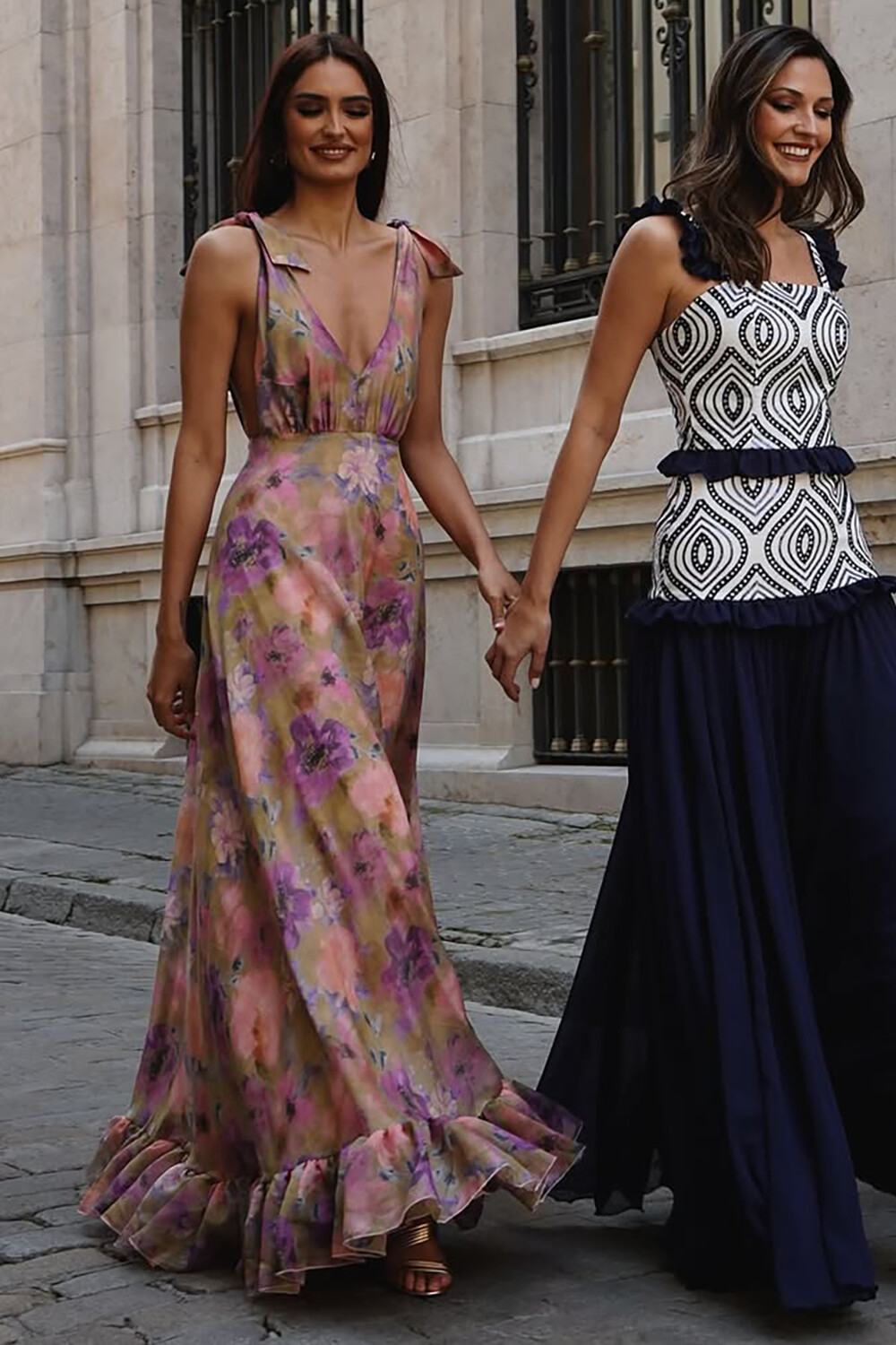 V Neck Tie Up Straps Floral Print Ruffled Maxi Dresses-Pink [Pre Order]