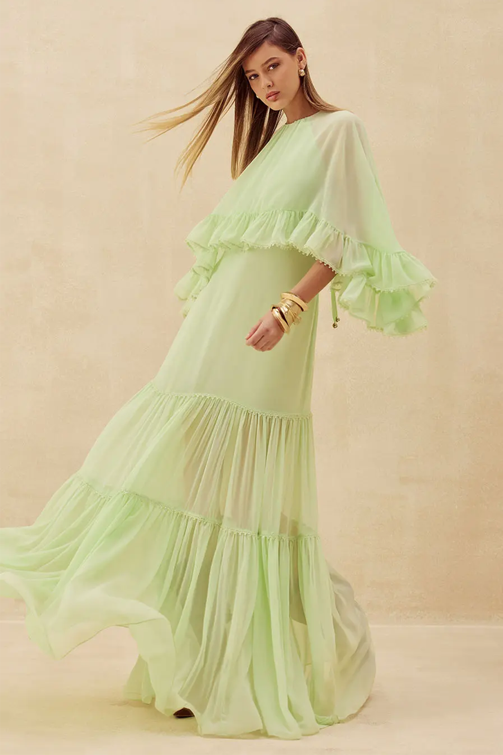 Ruffled Overlay Semi Sheer Shirred Hem Chiffon Maxi Dresses-Green [Pre Order]