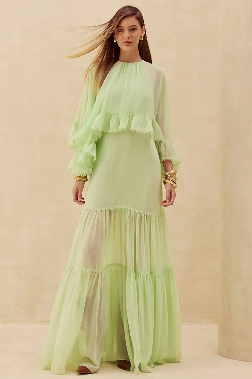 Ruffled Overlay Semi Sheer Shirred Hem Chiffon Maxi Dresses-Green [Pre Order]