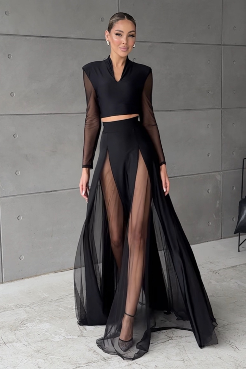 Long Sleeve Crop Top See Through Tulle Maxi Skirt 2pcs Set-Black [Pre Order]