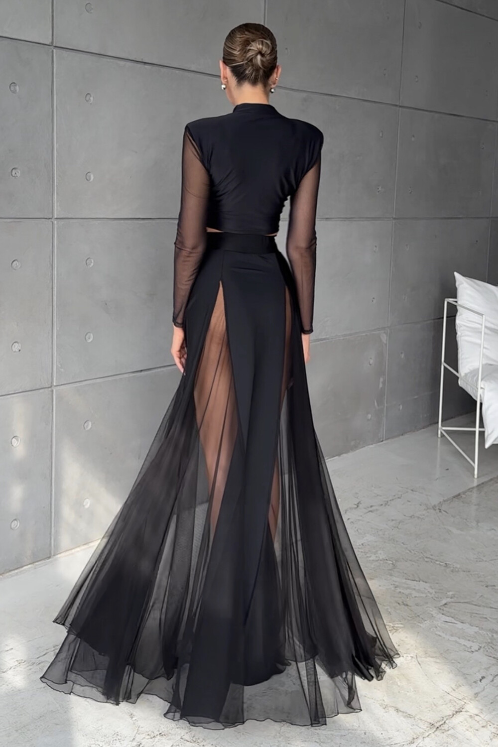 Long Sleeve Crop Top See Through Tulle Maxi Skirt 2pcs Set-Black [Pre Order]