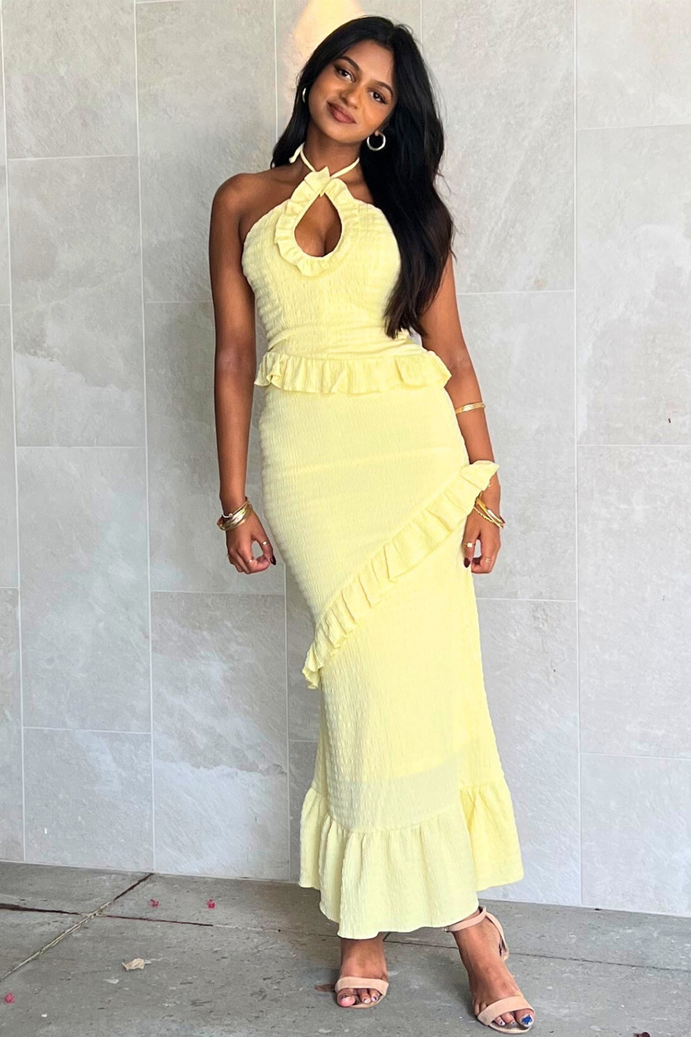 Halter Neck Cutout Ruffled Slim Fit Textured Midi Dresses-Yellow [Pre Order]
