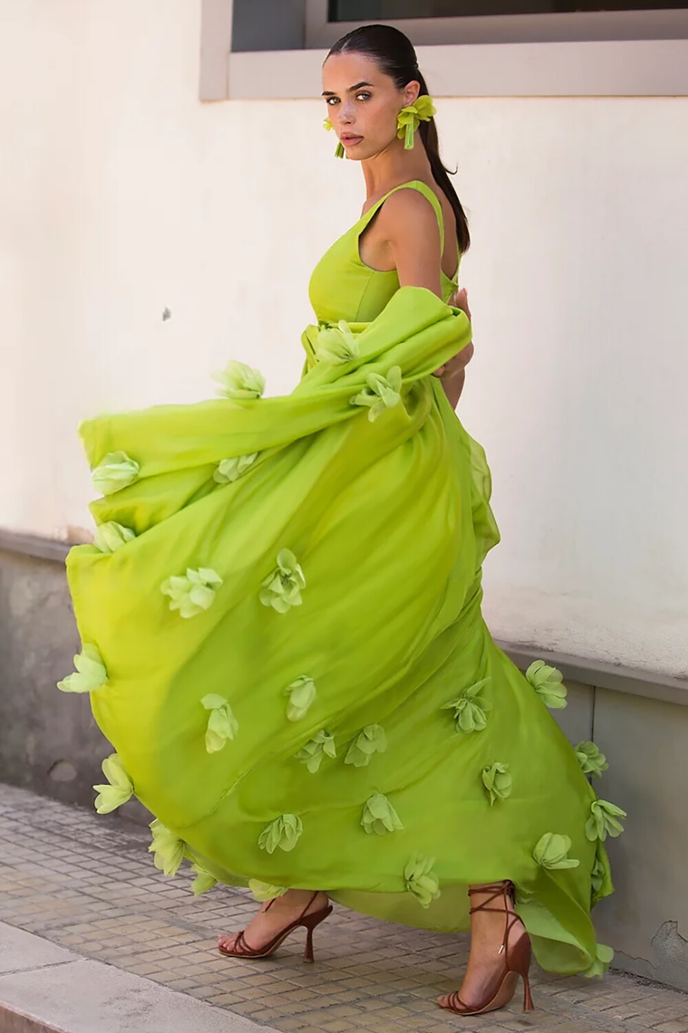 3D Flower Decor Shirred Hem A-Line Maxi Tank Dresses-Green [Pre Order]