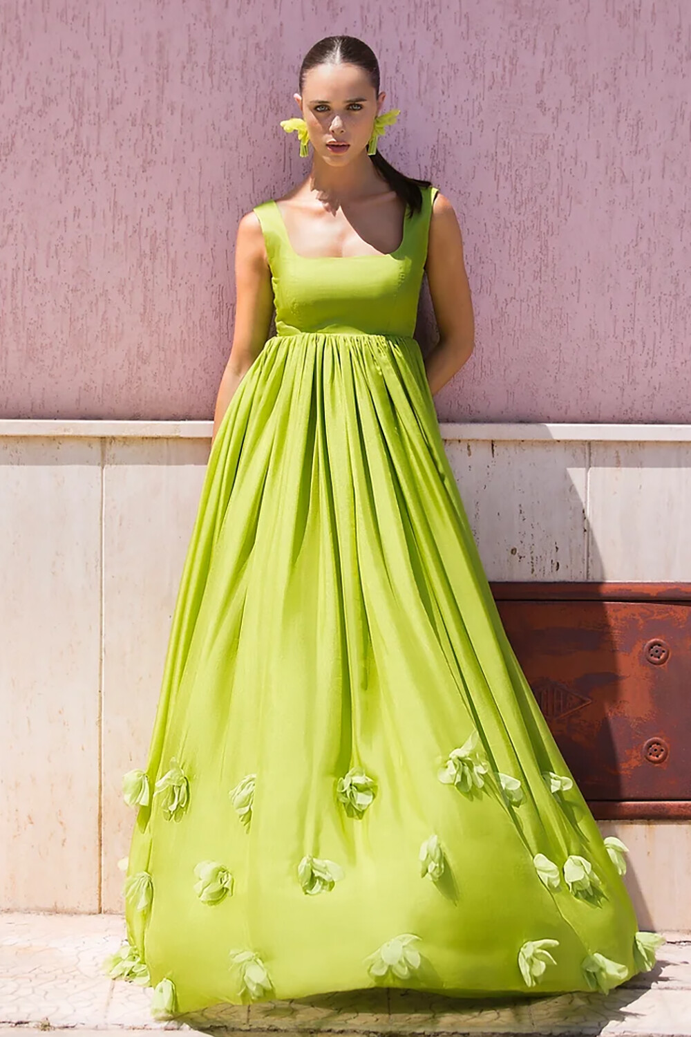 3D Flower Decor Shirred Hem A-Line Maxi Tank Dresses-Green [Pre Order]