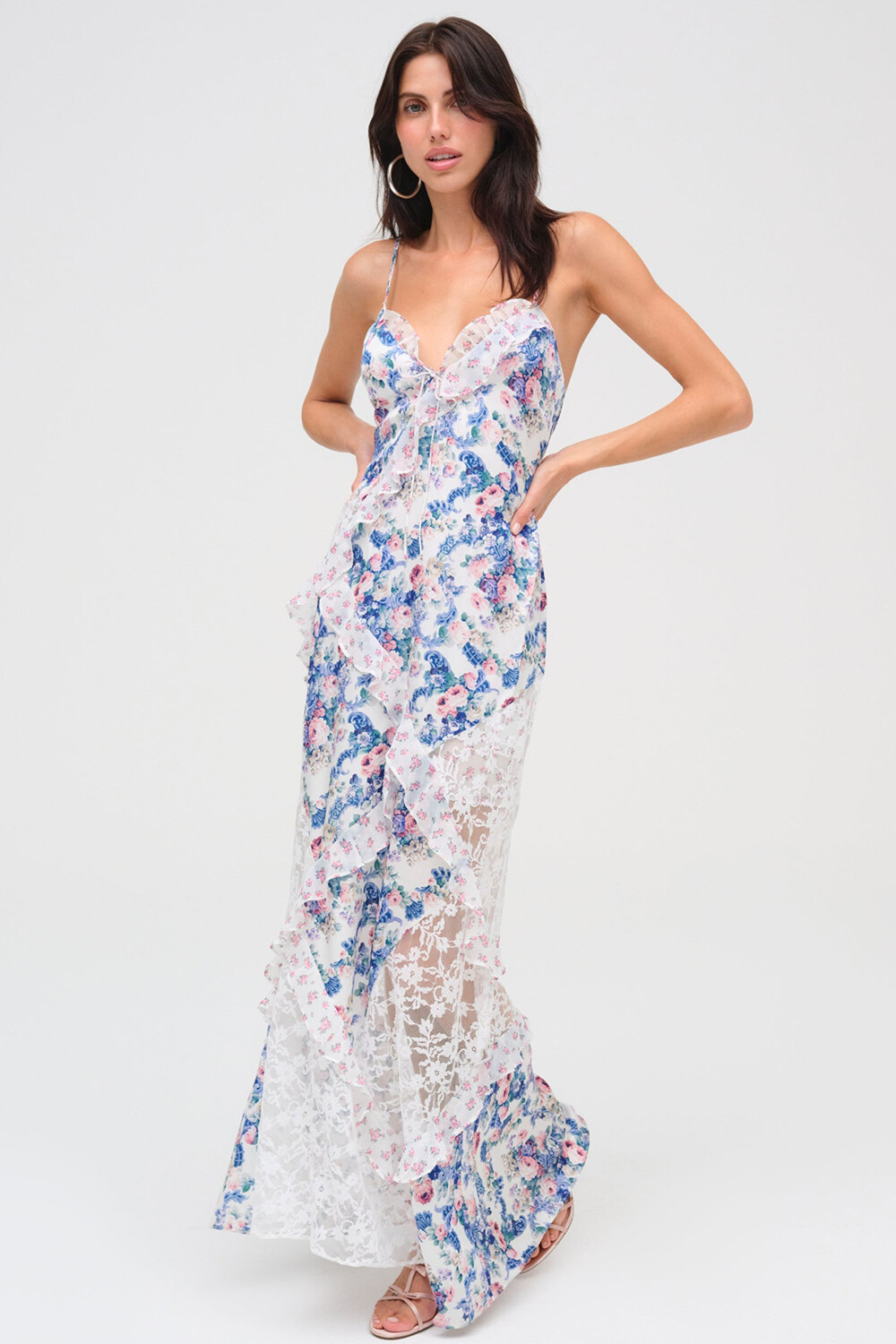 Floral Print Lace Patchwork V Neck Ruffled Slip Maxi Dresses-Blue [Pre Order]