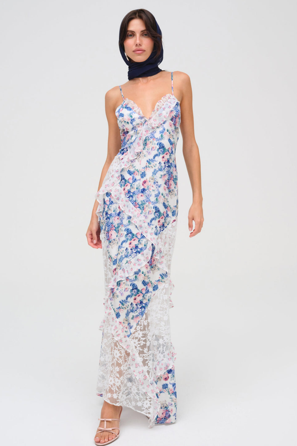 Floral Print Lace Patchwork V Neck Ruffled Slip Maxi Dresses-Blue [Pre Order]