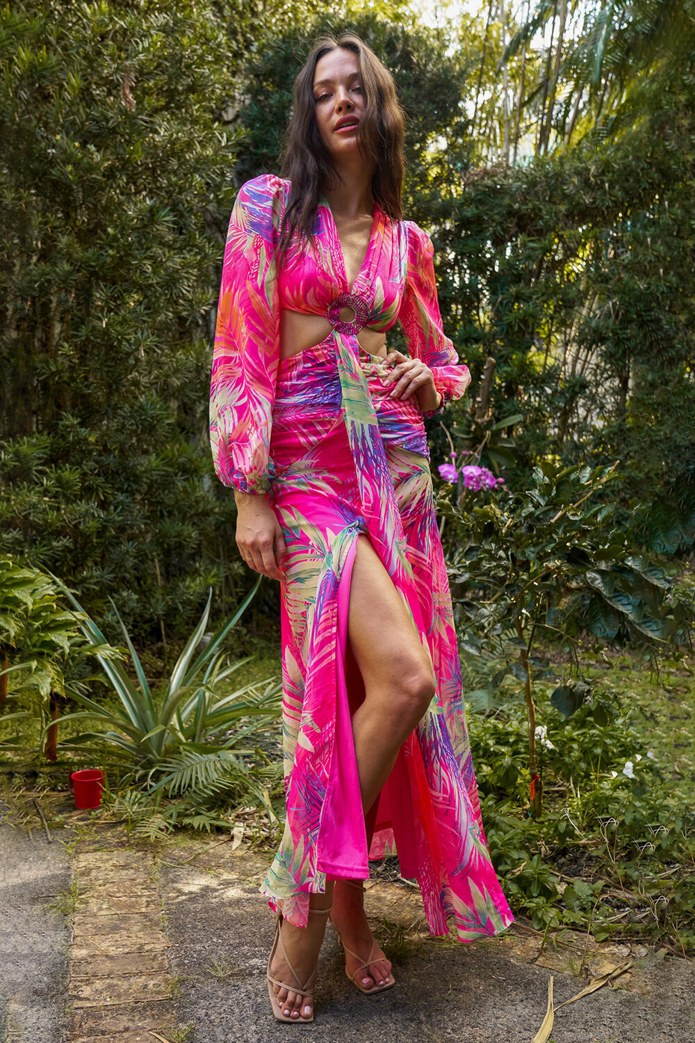 Tropical Print V Neck Lantern Sleeve Cutout Maxi Dresses-Pink [Pre Order]