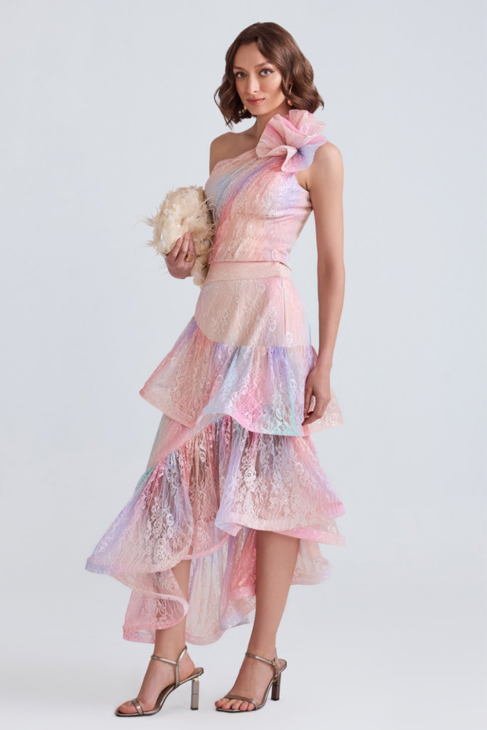 3D Flower One Shoulder Top Lace Ruffled Midi Skirt 2pcs Set-Pink [Pre Order]