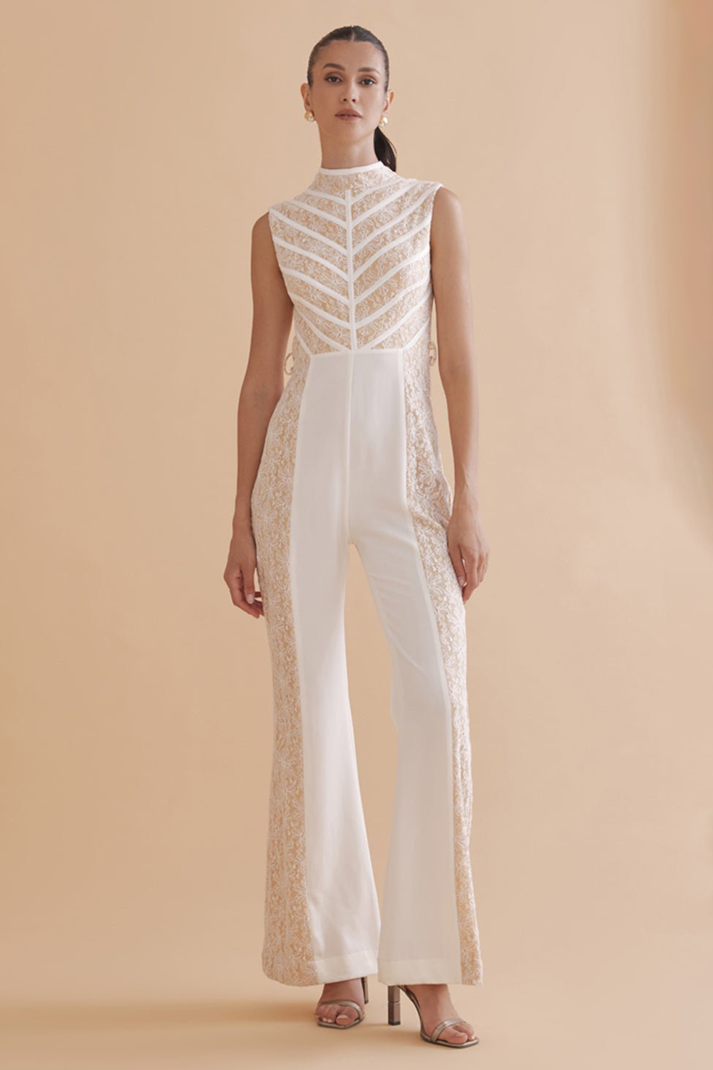 Floral Lace Patchwork Sleeveless Flared Leg Jumpsuit-White [Pre Order]