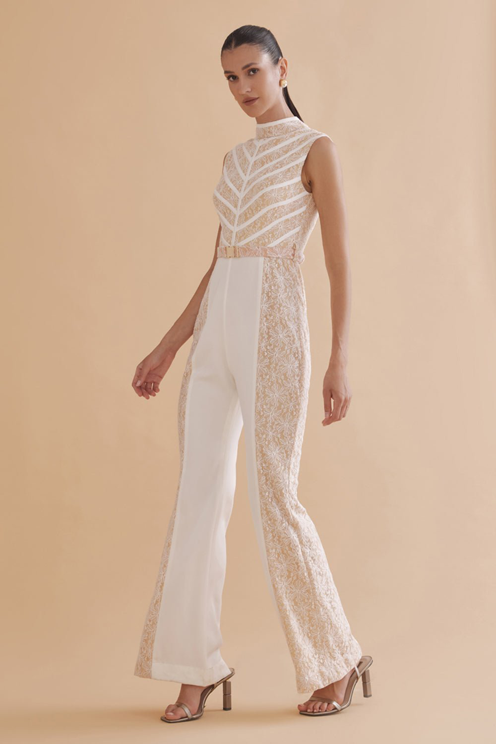 Floral Lace Patchwork Sleeveless Flared Leg Jumpsuit-White [Pre Order]