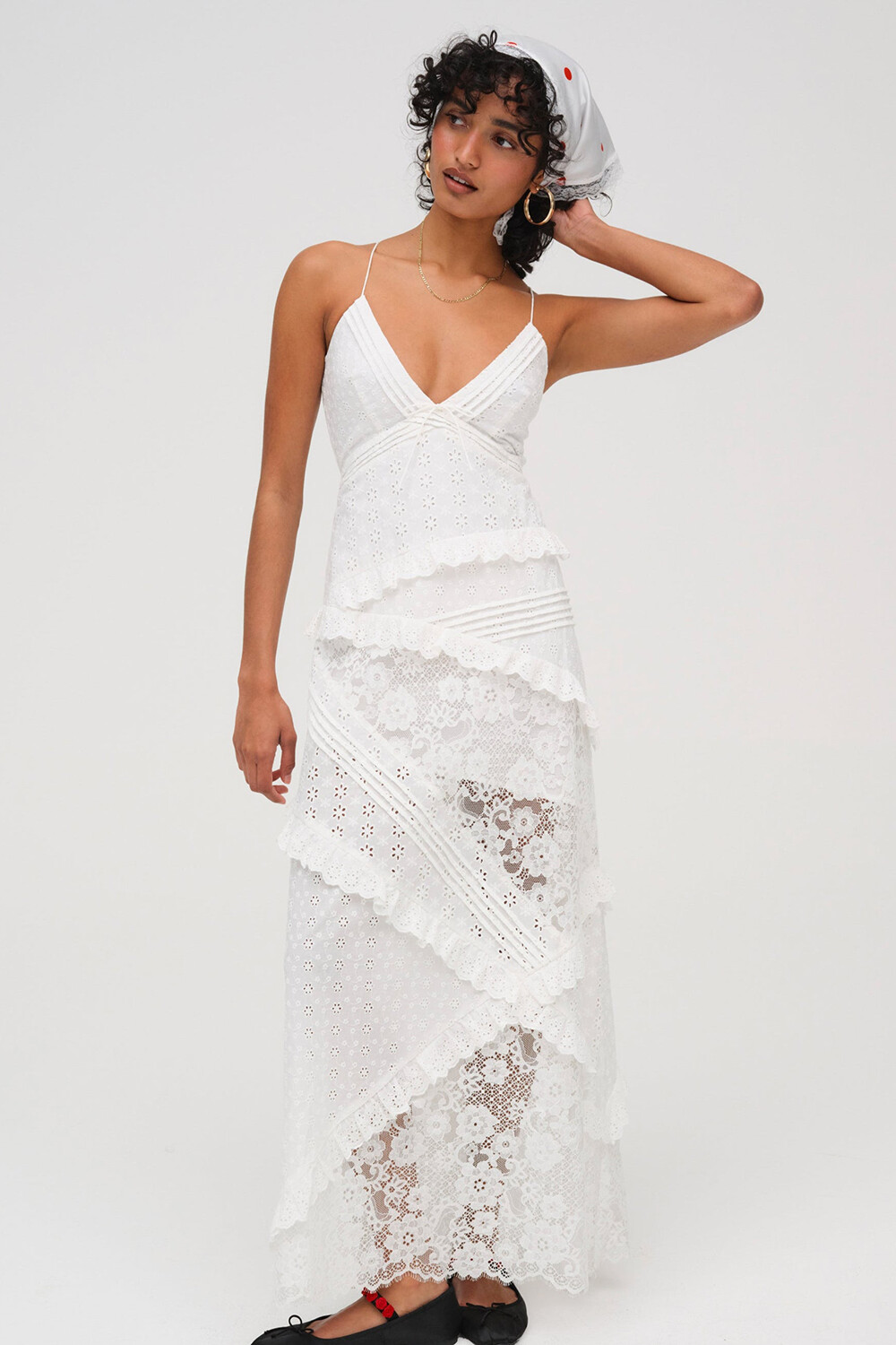 Lace Patchwork V Neck Ruffled See Through Slip Maxi Dresses-White [Pre Order]
