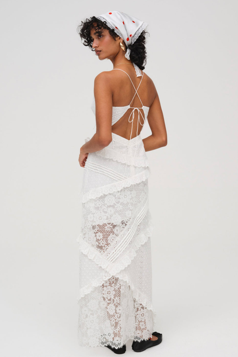 Lace Patchwork V Neck Ruffled See Through Slip Maxi Dresses-White [Pre Order]