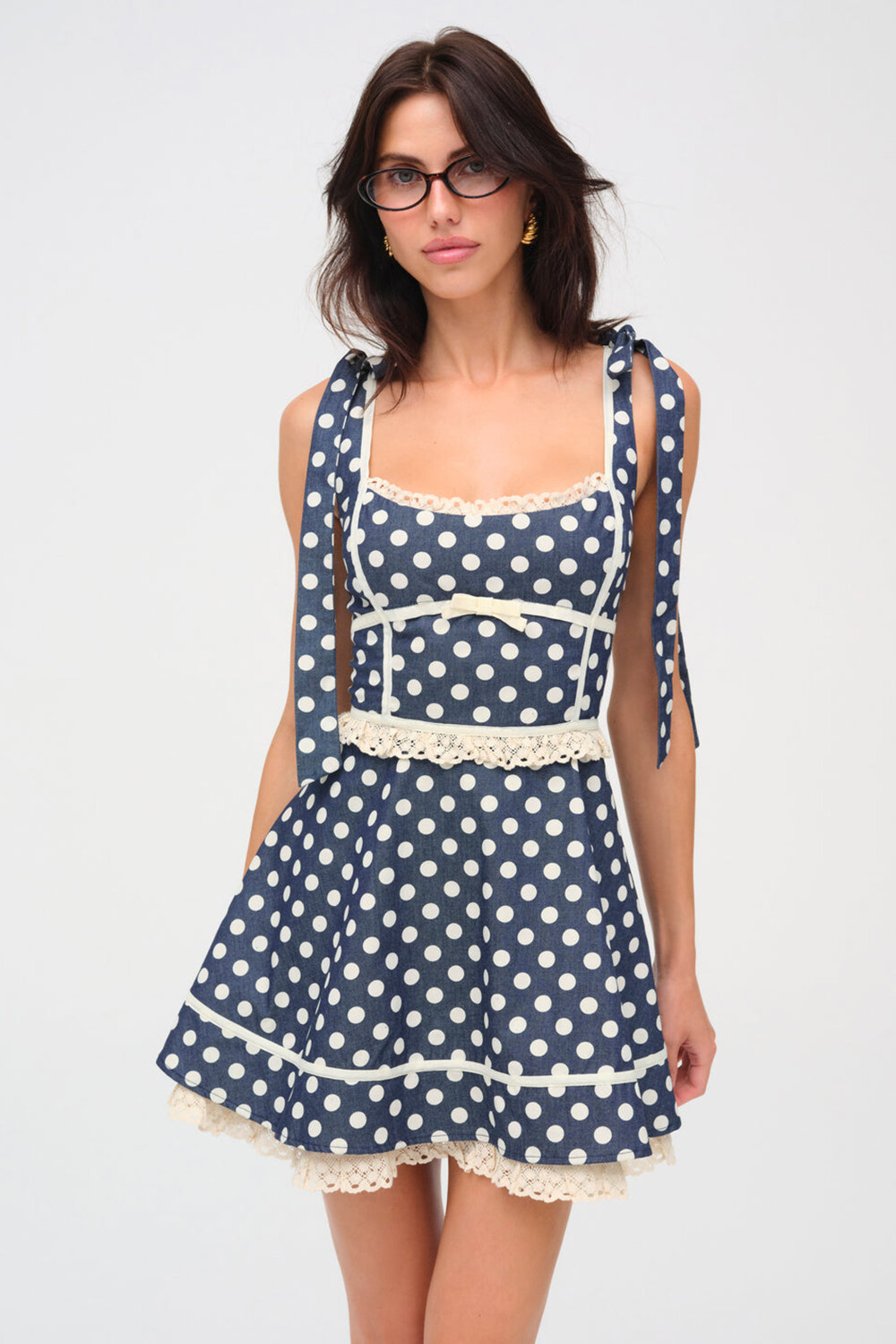Polka Dot Print Tie Up Shoulder Straps Backless Mini Dresses-Navy [Pre Order]