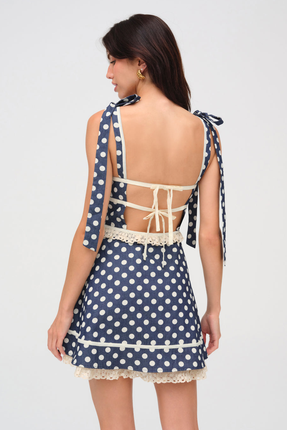 Polka Dot Print Tie Up Shoulder Straps Backless Mini Dresses-Navy [Pre Order]