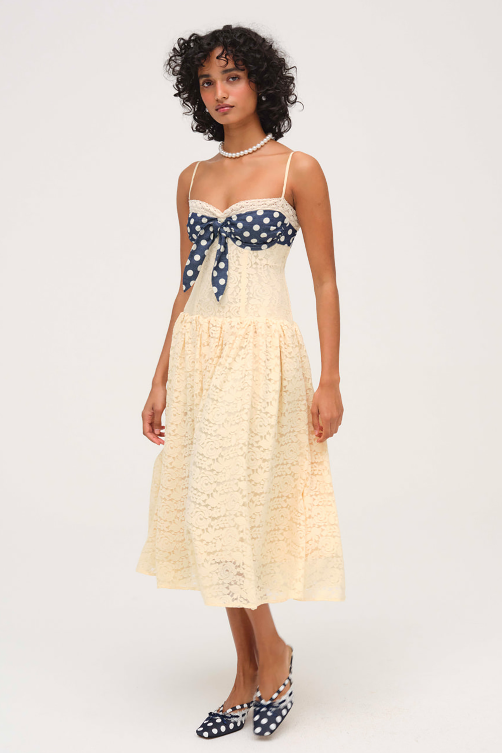 Polka Dot Print Cinch Waist Floral Lace Slip Midi Dresses-Yellow [Pre Order]