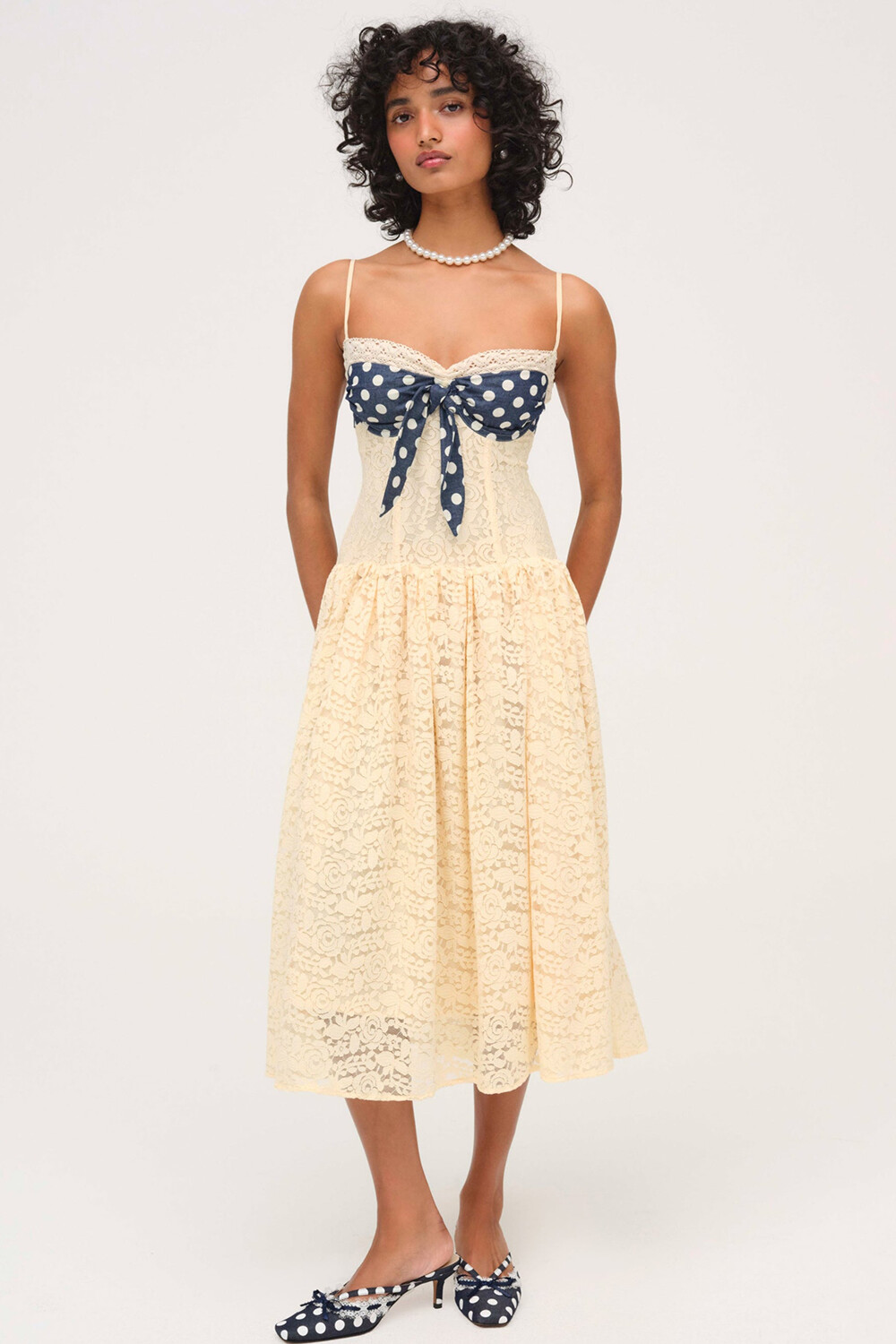 Polka Dot Print Cinch Waist Floral Lace Slip Midi Dresses-Yellow [Pre Order]