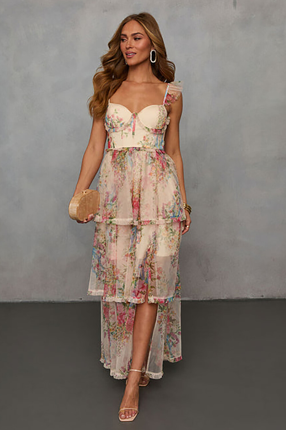 Floral Print Ruffled Straps Tiered Hem Slit Maxi Dresses-Beige [Pre Order]