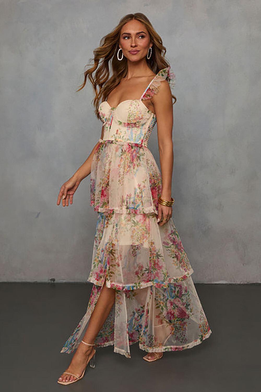 Floral Print Ruffled Straps Tiered Hem Slit Maxi Dresses-Beige [Pre Order]