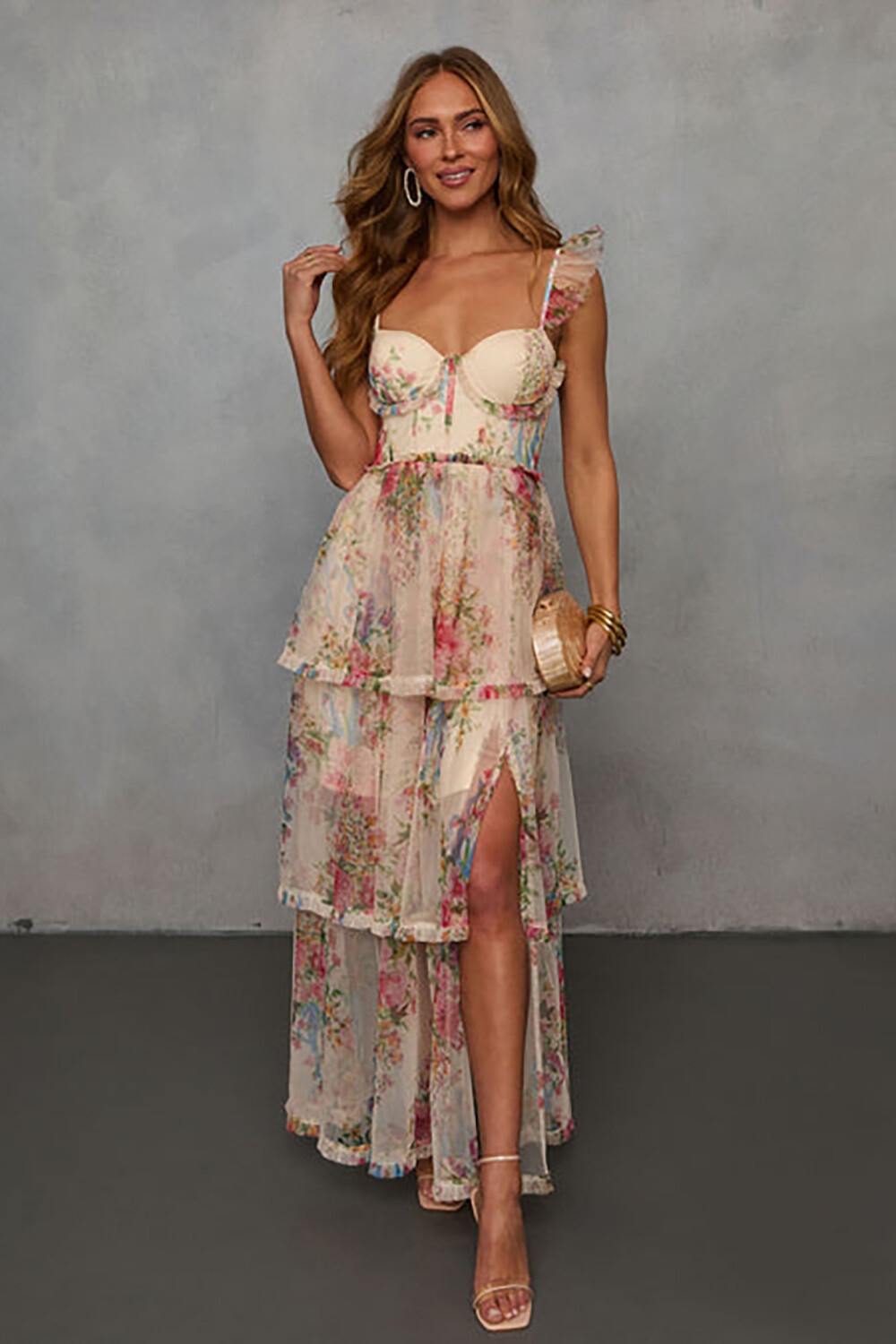 Floral Print Ruffled Straps Tiered Hem Slit Maxi Dresses-Beige [Pre Or