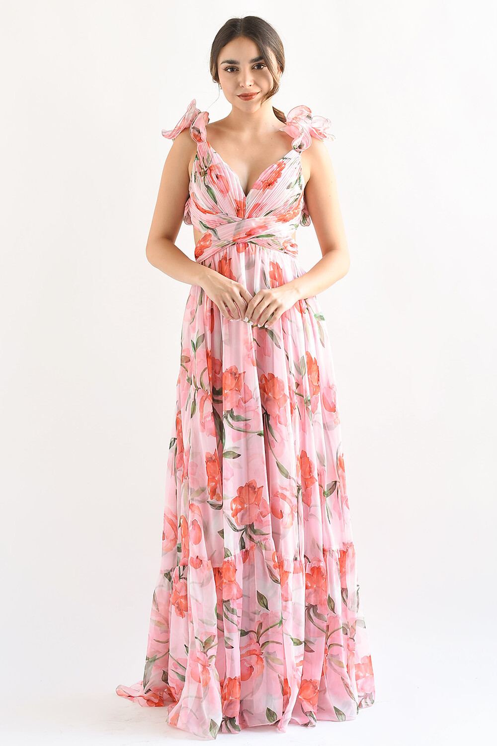 Floral Print Ruffled Straps Lace Up Backless Maxi Dresses-Pink [Pre Order]
