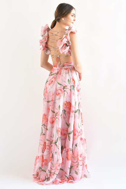 Floral Print Ruffled Straps Lace Up Backless Maxi Dresses-Pink [Pre Order]