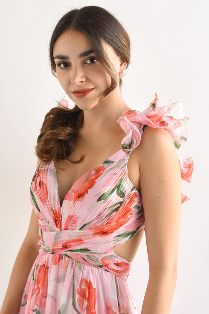 Floral Print Ruffled Straps Lace Up Backless Maxi Dresses-Pink [Pre Order]