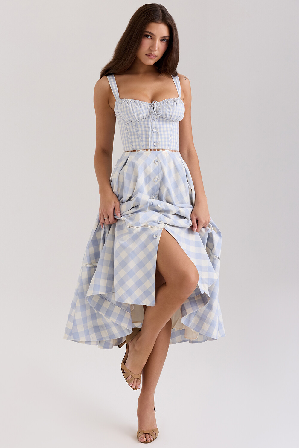 Plaid Print Buttons Decor Back Lace Up Slip Midi Dresses-Blue [Pre Order]