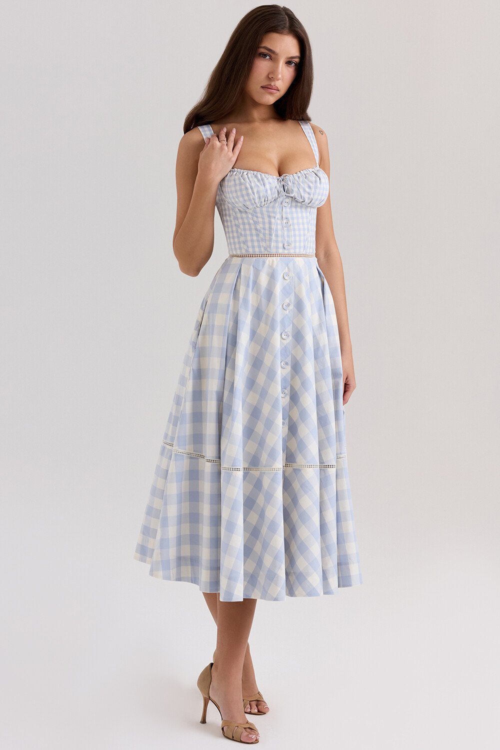 Plaid Print Buttons Decor Back Lace Up Slip Midi Dresses-Blue [Pre Order]