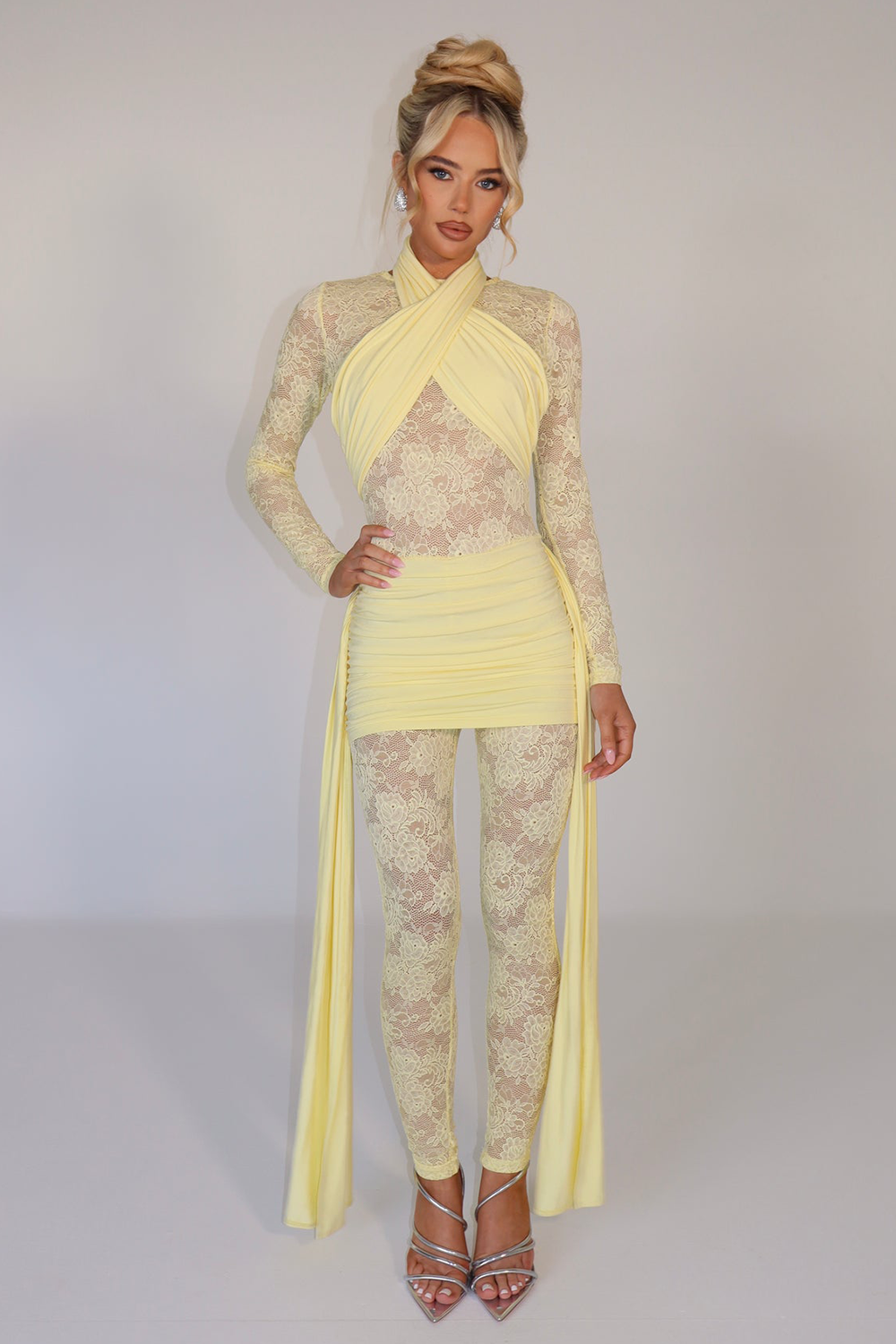 Lace Patchwork Long Sleeve Ruched Side Sash Jumpsuit-Yellow [Pre Order]
