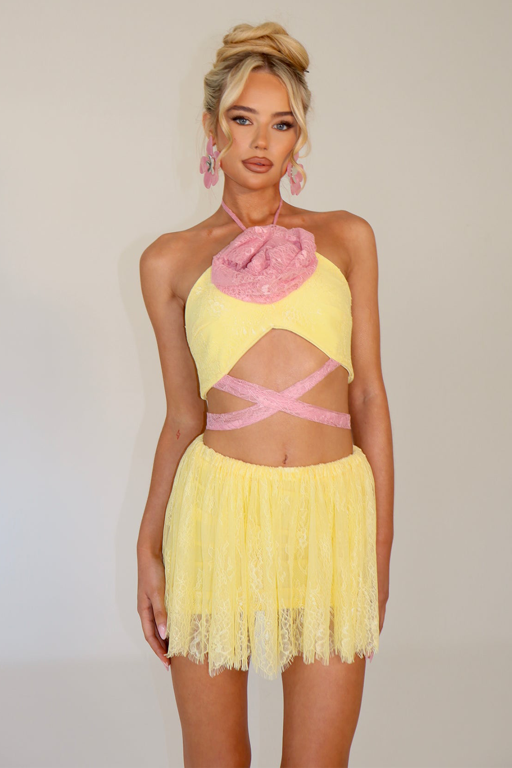 3D Flower Colorblock Lace Crop Top Mini Skirt 2pcs Set-Yellow [Pre Order]