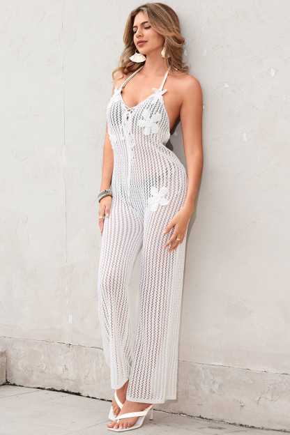 Floral Applique Tie Up Knit Cover Ups Halterneck Beach Jumpsuit-White