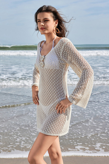 V Neck 3D Flower Decor Textured Knit Long Sleeve Backless Mini Dresses-Beige