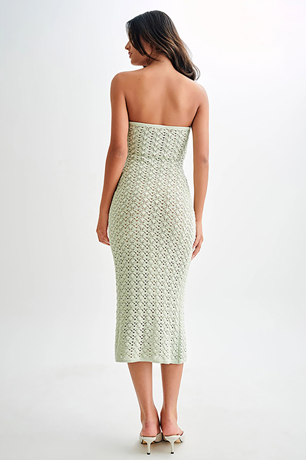 Textured Knit Tie Up Boat Neck Slim Fit Strapless Midi Dresses-Green