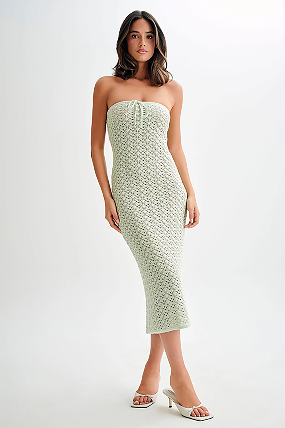 Textured Knit Tie Up Boat Neck Slim Fit Strapless Midi Dresses-Green