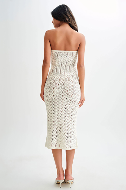 Textured Knit Tie Up Boat Neck Slim Fit Strapless Midi Dresses-Green