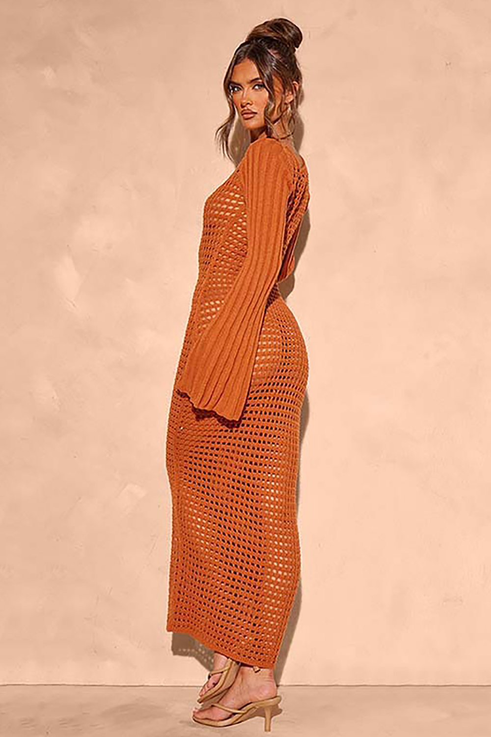 Square Neck Bell Sleeve Hollow Out Knit Cover Ups Maxi Dresses-Orange