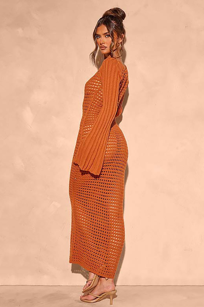 Square Neck Bell Sleeve Hollow Out Knit Cover Ups Maxi Dresses-Orange