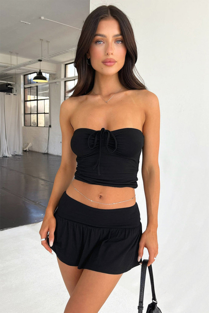 Strapless Tie Up Tube Top Pleated Mini Skirt Solid Color 2pcs Set