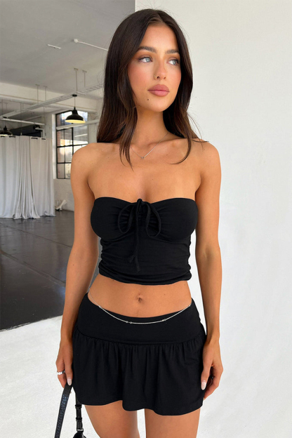 Strapless Tie Up Tube Top Pleated Mini Skirt Solid Color 2pcs Set