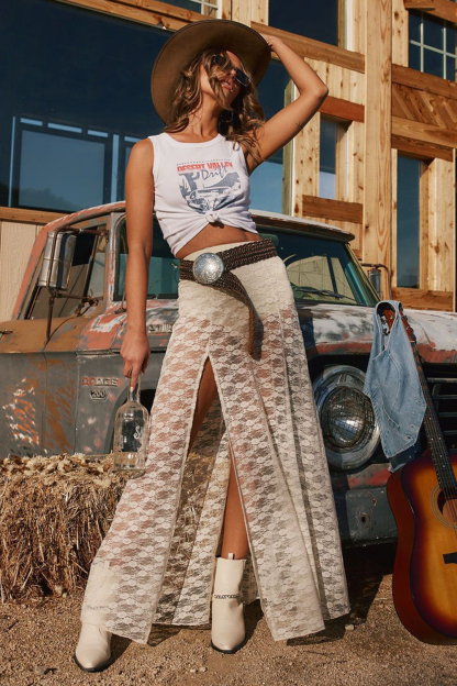 Solid Color See-Through High Slit Lace Maxi Skirt