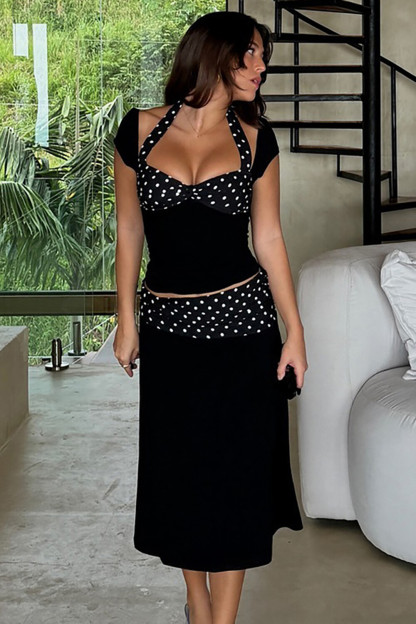 Polka Dot Print Patchwork Halter Short Sleeve Top Midi Skirt 2pcs Set-Black