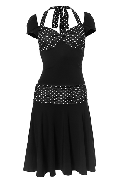 Polka Dot Print Patchwork Halter Short Sleeve Top Midi Skirt 2pcs Set-Black