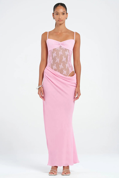 Floral Lace Patchwork Ruched Slim Fit Strappy Maxi Dresses-Blue